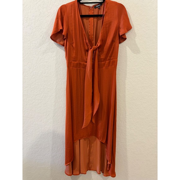 Trixxi Dresses & Skirts - Trixxi Womens Rust Orange Tie Front High Low Midi Dress Short Sleeve Size L